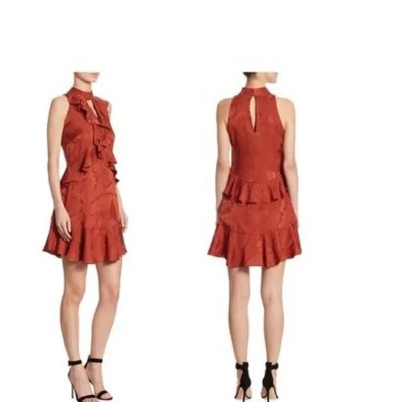 Cinq a Sept Maxine Silk Dress 10 Orange Jacquard Ruffle Designer Cocktail Chic - Picture 2 of 9